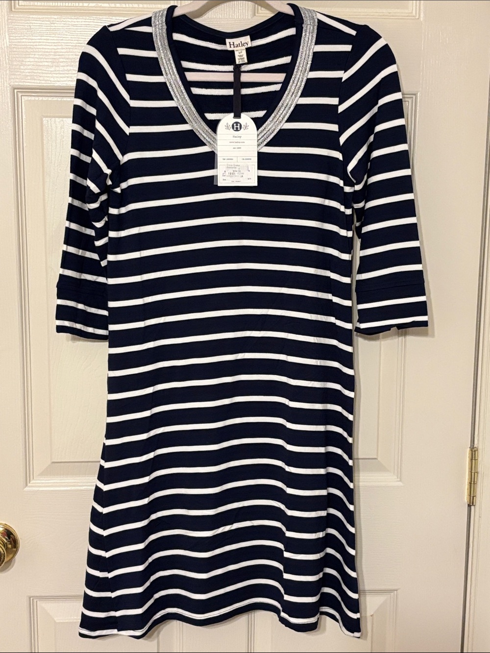 Hatley Elsie Navy and White Striped Midi Dress with Silver Trim NWT